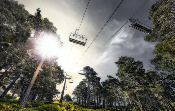 The sky, light, trees, cable car