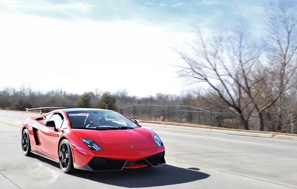 Road, trees, red, speed, shadow, red, Gallardo, lamborghini