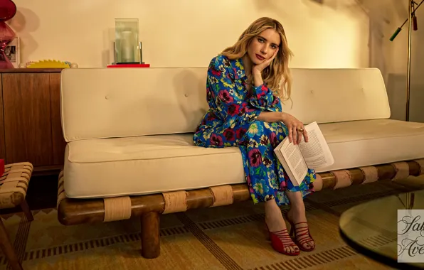 Room, sofa, dress, actress, blonde, book, legs, beautiful