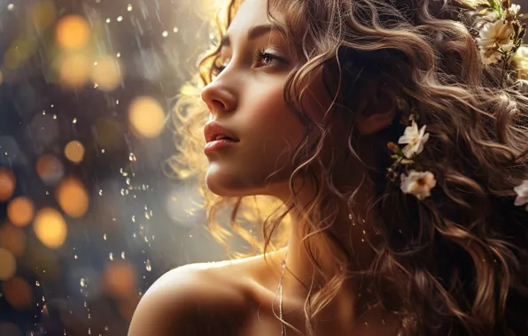 Girl, face, fantasy, portrait, long hair, curls, AI art, neural network
