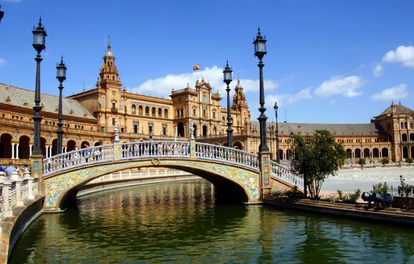 Picture bridge, river, area, lights, channel, architecture, Spain, Palace