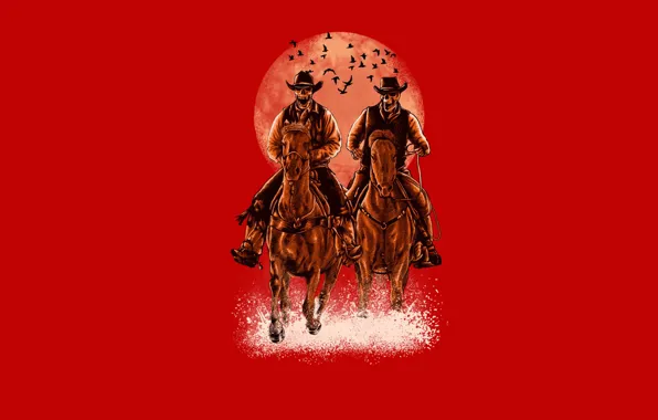 Birds, the moon, horse, riders, cowboys, skeletons