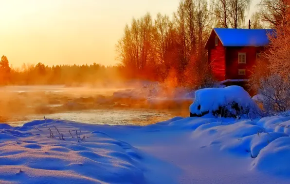 Picture winter, the sky, snow, trees, sunset, house, river, couples