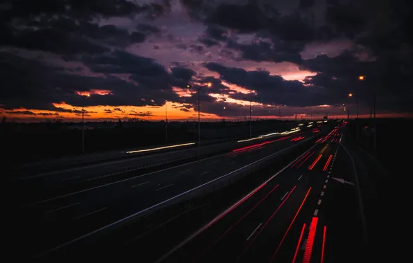 Road, clouds, overcast, Night city