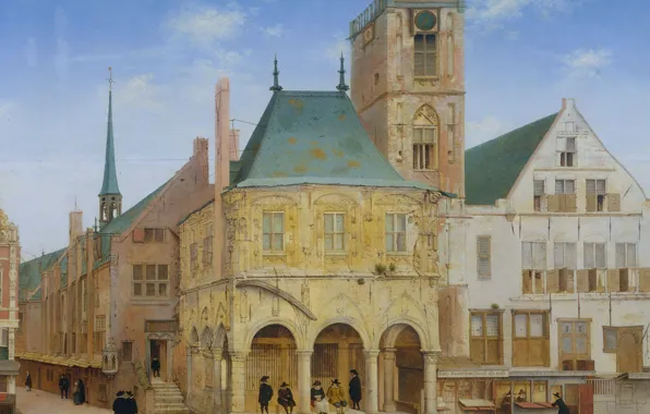 Tree, oil, picture, the urban landscape, Pieter Jansz Saenredam, The old town Hall in Amsterdam