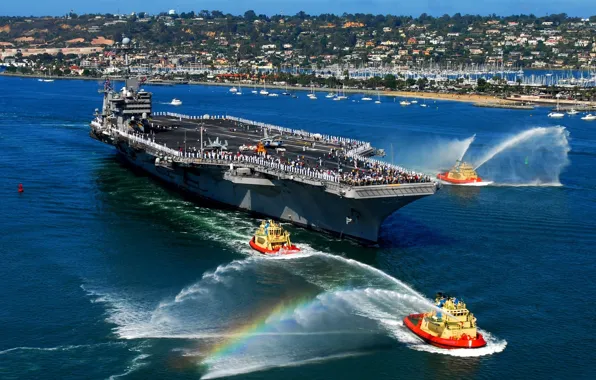 Picture rainbow, port, the carrier, greeting, small ships, jets of water