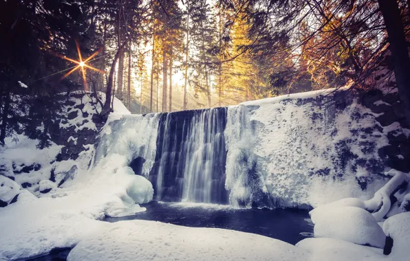 Picture winter, forest, light, river, waterfall, morning