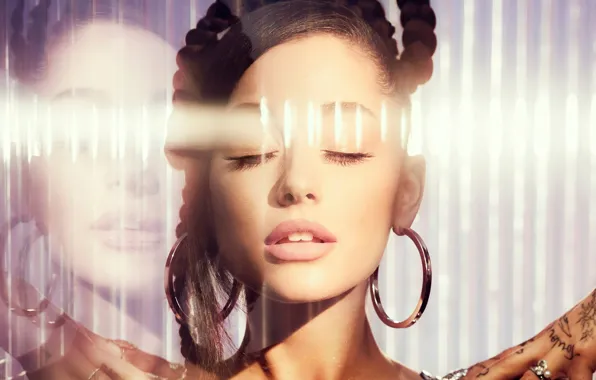 Portrait, earrings, actress, singer, tattoo, closed eyes, songwriter, Ariana Grande