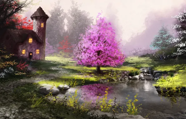 Trees, nature, river, art, house