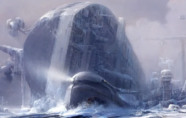 Picture winter, snow, ship, the crash, art, tanker, ruins, submarine