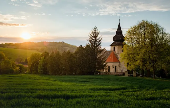 Trees, landscape, sunset, nature, hills, Czech Republic, Church