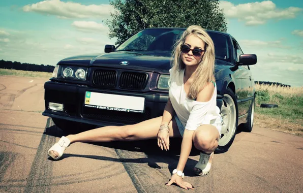 Girl, BMW, glasses, black car