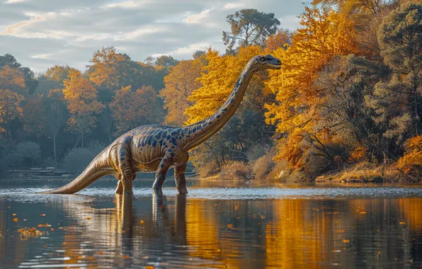 Trees, River, Dinosaur, Neck, Animal, Digital art, Ancient animals, Extinct animals