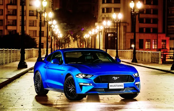 Blue, Ford, front view, Fastback, 2018, Mustang GT