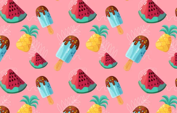 Leaves, chocolate, texture, watermelon, ice cream, fruit, pink background, Popsicle