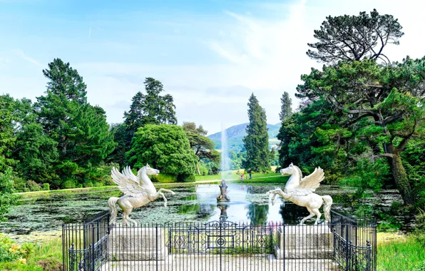 The sky, trees, pond, Park, people, horse, fountain, sculpture