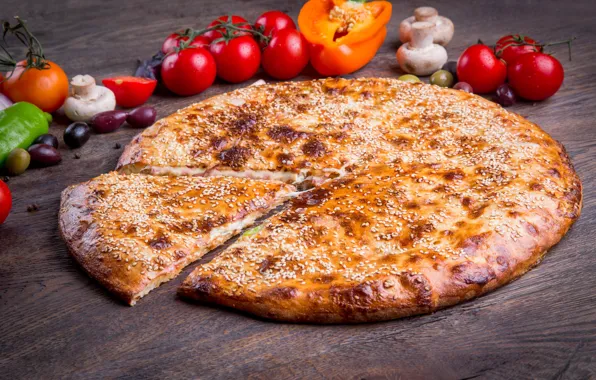 Mushrooms, cheese, vegetables, pizza, tomatoes, sesame