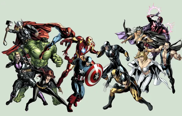 Picture Hulk, Wolverine, X-Men, Storm, Iron Man, Captain America, Emma Frost, Thor