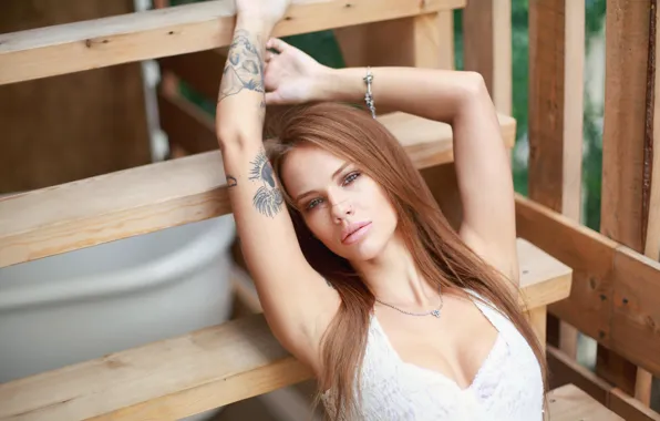 Picture look, girl, model, ladder, girl, brown hair, beauty, tattoo