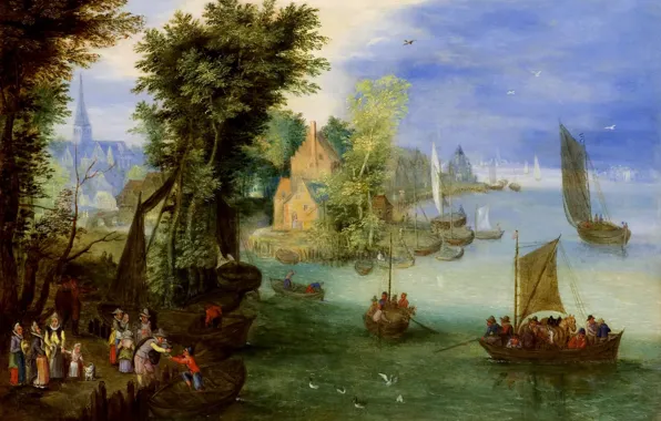 Boat, picture, sail, River Landscape, Jan Brueghel the younger