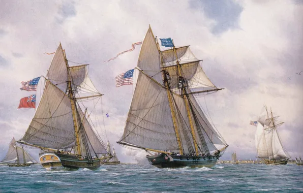 Picture wave, the wind, oil, ships, picture, port, Bay, sails