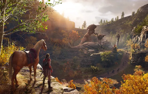 Picture autumn, forest, leaves, trees, horse, Assassin's Creed Odyssey