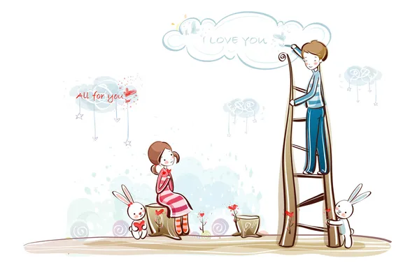 Picture clouds, figure, boy, ladder, girl, hearts, rabbits, love
