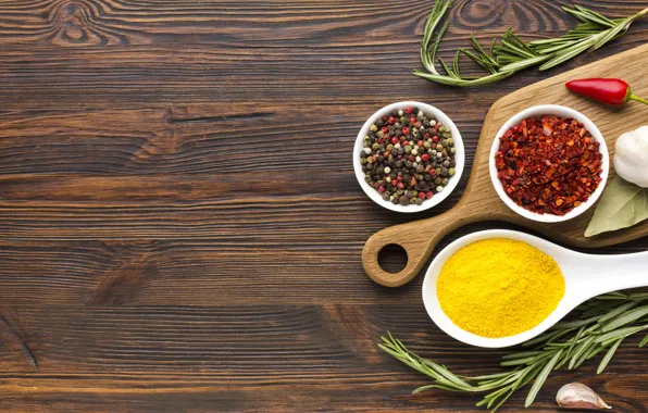 Pepper, garlic, wooden background, Chile, rosemary, spices