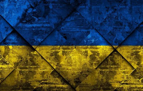 Picture Europe, Ukraine, Flag, National Symbols, Grunge Art, Rhombus Grunge Texture, Flag Of Ukraine, Ukrainian Flag