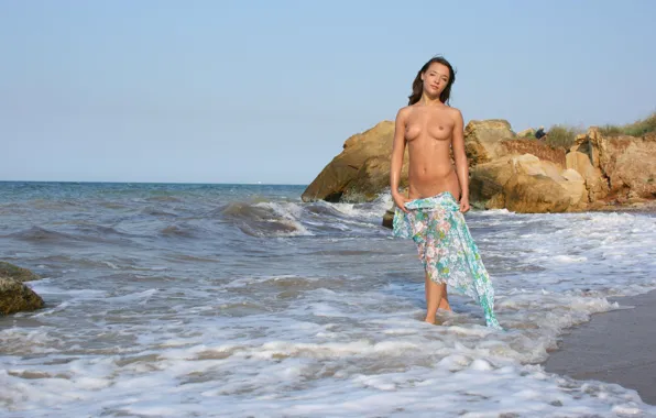 Girl, sexy, beach, erect nipples, long hair, legs, sea, nature