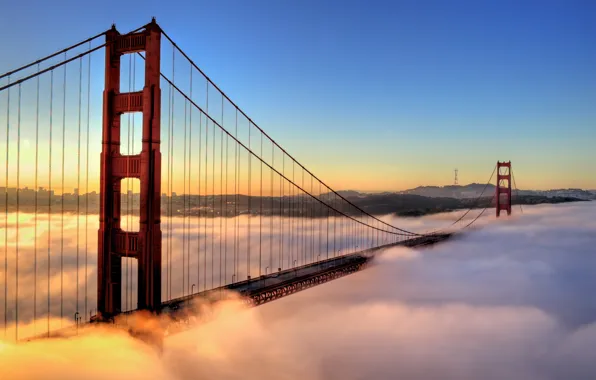 Machine, bridge, the city, fog, morning, Golden gate, San fracisco