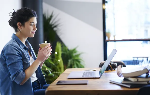 Picture smile, working, hot drink