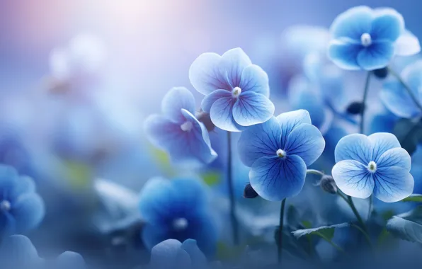 Flowers, spring, blue, Pansy, flowerbed, blue, bokeh, viola