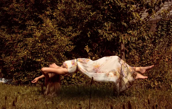 Girl, dress, backyard, floating, levitating