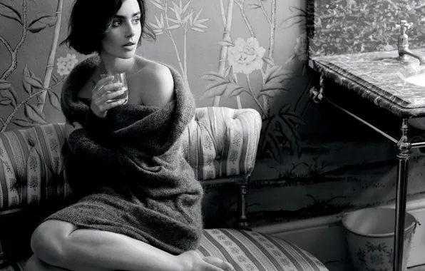 Glass, sofa, portrait, actress, black and white, beauty, photoshoot, Lily Collins