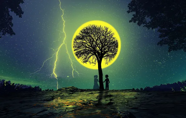 Night, tree, the moon, romance, silhouettes