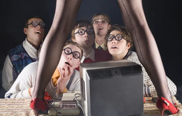 Feet, surprise, shoes, keyboard, monitor, boys