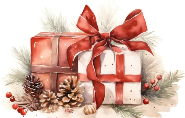 Branches, Christmas, gifts, New year, bow, needles, bumps, box
