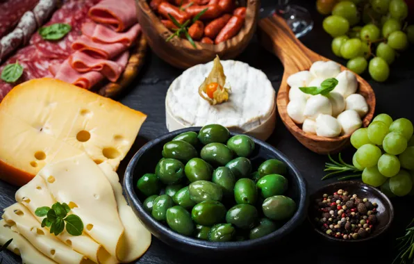Picture food, cheese, grapes, dishes, pepper, olives, sausage, salmon