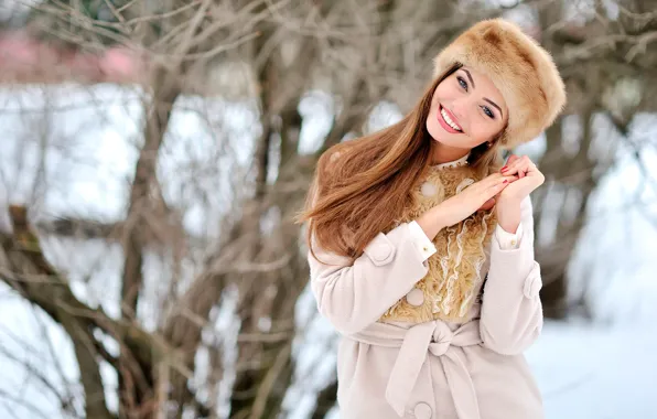 Picture winter, look, snow, trees, smile, hat, portrait, makeup