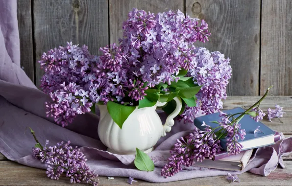 Picture branches, books, bouquet, still life, lilac