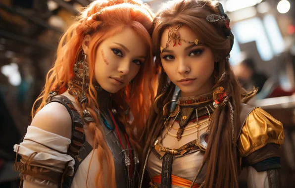 Girl, two girls, beauty, people, vanity, digital art, digital art, national costumes