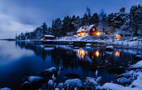 Picture winter, forest, water, snow, trees, night, house, reflection