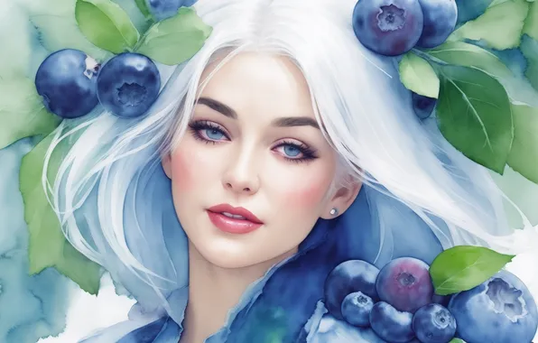 White, girl, blue, green, berries, green, woman, figure