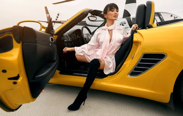 Picture machine, auto, girl, pose, boots, Porsche, dress, closed eyes