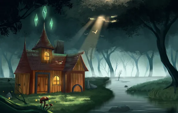 Picture forest, light, river, home, anime, art