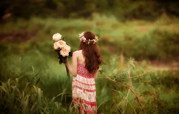 Field, girl, flowers