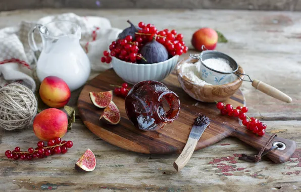 Tangle, milk, still life, peaches, jam, flour, red currant, figs