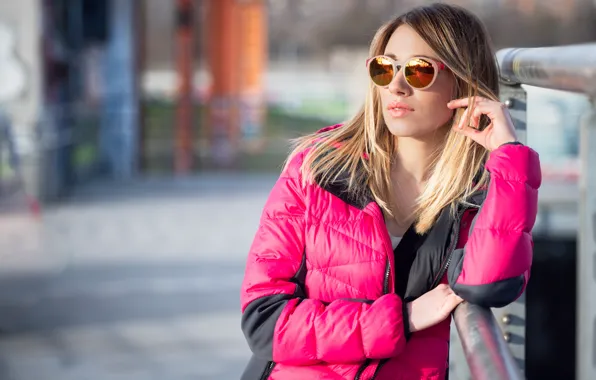 Picture girl, model, glasses, jacket, blonde, bokeh, sunglasses, Clear