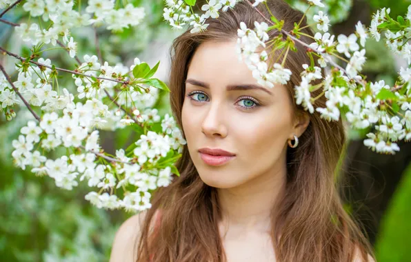 Eyes, look, girl, flowers, portrait, spring, garden